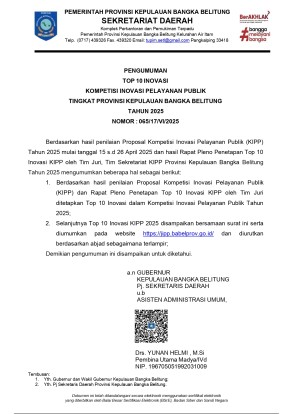 PENGUMUMAN TOP 10 KOMPETISI INOVASI PELAYANAN PUBLIK (KIPP) PEMERINTAH PROVINSI KEPULAUAN BANGKA BELITUNG TAHUN 2025