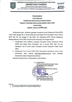 PENGUMUMAN TOP 5 KOMPETISI INOVASI PELAYANAN PUBLIK (KIPP) PEMERINTAH PROVINSI KEPULAUAN BANGKA BELITUNG TAHUN 2025